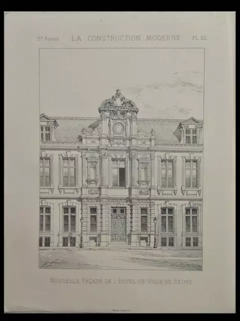 Reims, Hotel De Ville - 1889 - Planche Architecture -