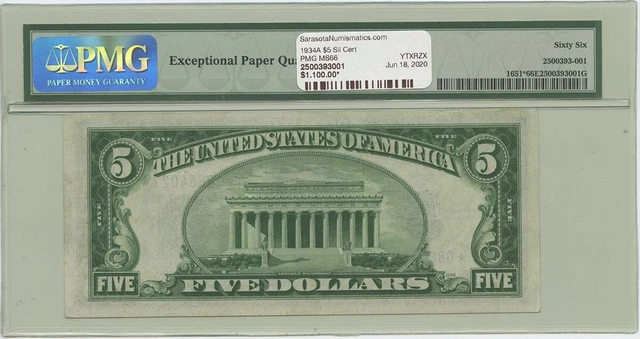 1934A $5 Silver Certificate FR#1651* PMG 66 Gem UNC EPQ 2