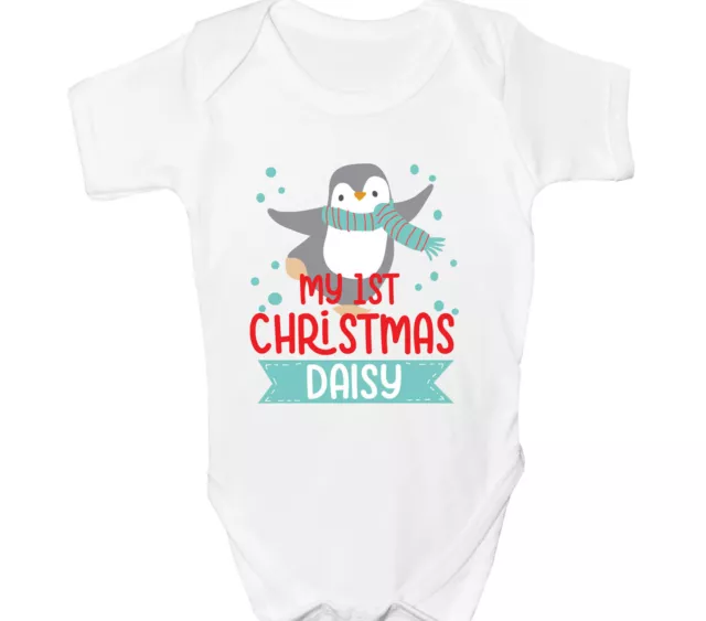Personalised First Christmas Baby Grow Penguin 1st Xmas Bodysuit Santa Gift
