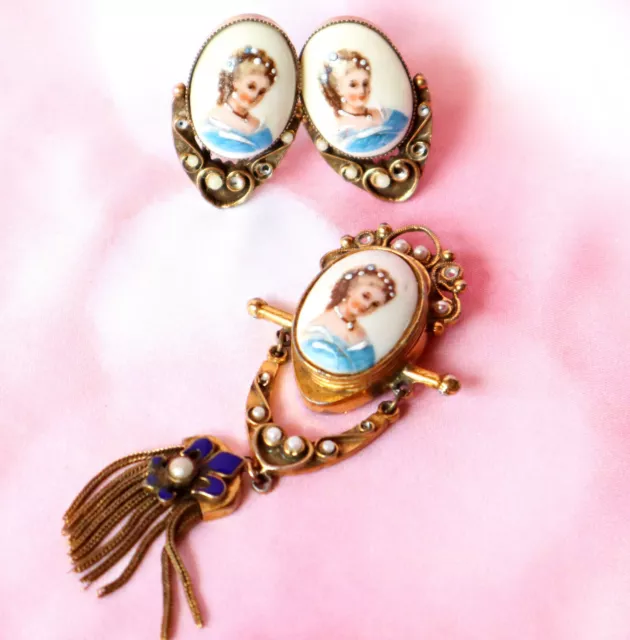 1940s Victorian Revival Hand Paint Limoges FRANCE Brooch Pendant Earrings Set