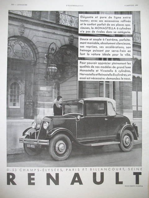 Publicite De Presse Renault Monastella Reinastella Automobile  French Ad 1931
