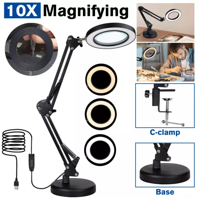 10x Magnifying Glass Desk Light LED Magnifier Lamp Reading Lamp With Base&Clamp