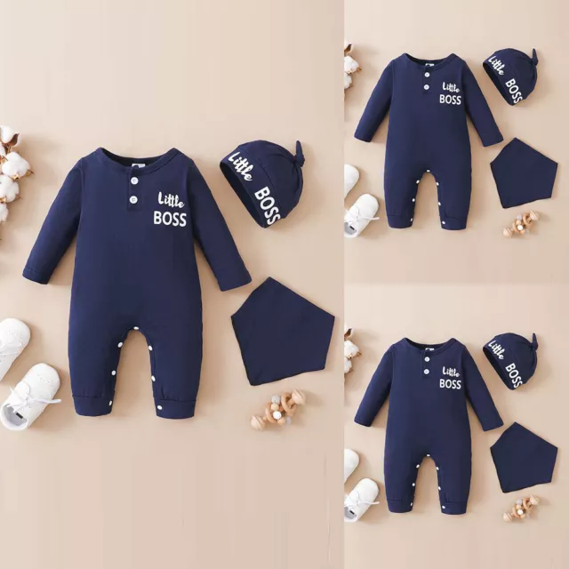 Neugeborenes Baby Jungen Outfit Print Strampler Lang Hose Lätzchen Hut Kleidung
