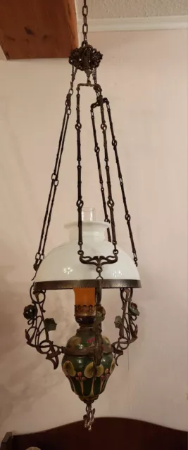 Jugendstil - Petroleum-Deckenlampe, Keramik-Korpus, Handbemalt um 1900