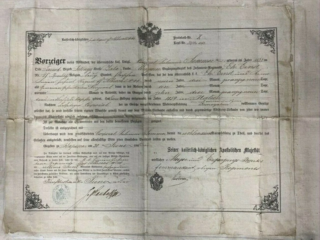 Austro Hungarian Discharge Certificate 1862 Corporal Summer