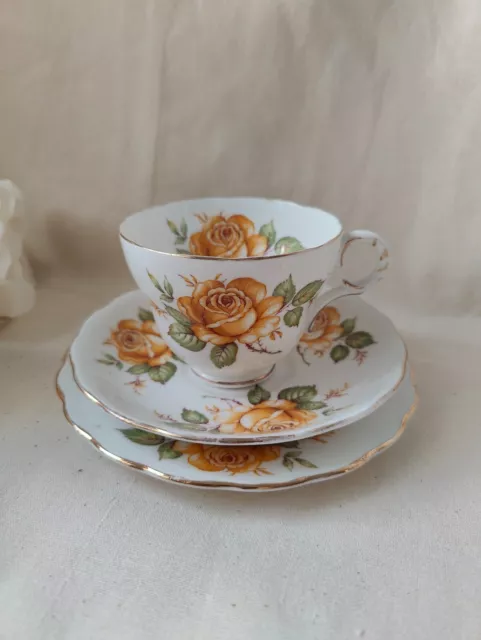 Rare Melba Tea Cup Trio Saucer & Plate, Yellow Cabbage Rose, England Bone China