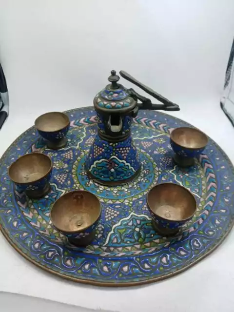 Lot Of 8 Antique Damascus Brass Enamel Tray Cups Pot Goblets Handmade 1930 AD