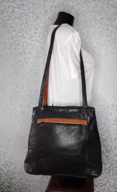 Tula Black Genuine Leather Brown Trim Hobo Shoulder Hand Bag Size 36x29x9 cm