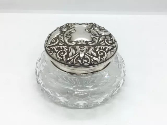 Vintage Sterling Silver Mounted Glass dressing table Jar pot mirror to lid