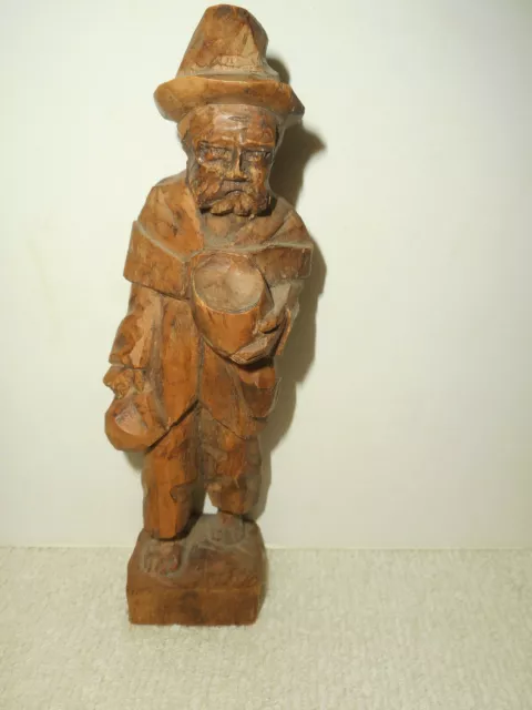 Vintage Hand Carved Folk Art Wooden Gypsy Man Beard Bag Bowl Whittled Figure