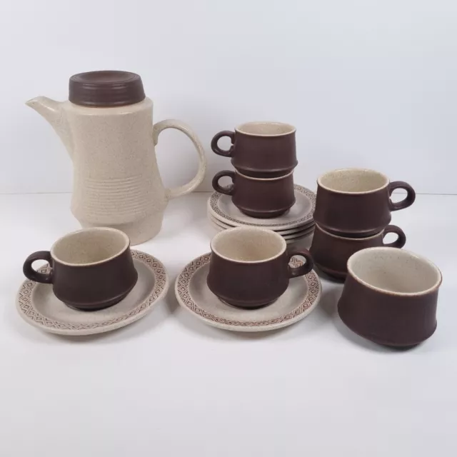Purbeck Pottery Brown Diamond Coffee Pot Set Cups Saucers Sugar Bowl Stoneware