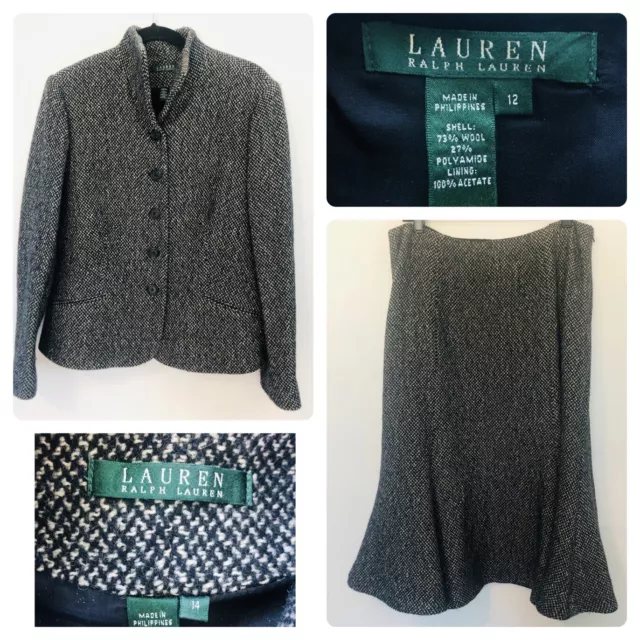 Ralph Lauren Wool Tweed Blazer [Sz 14] Midi Skirt [Sz 12] 2-Piece Suit Set Grey