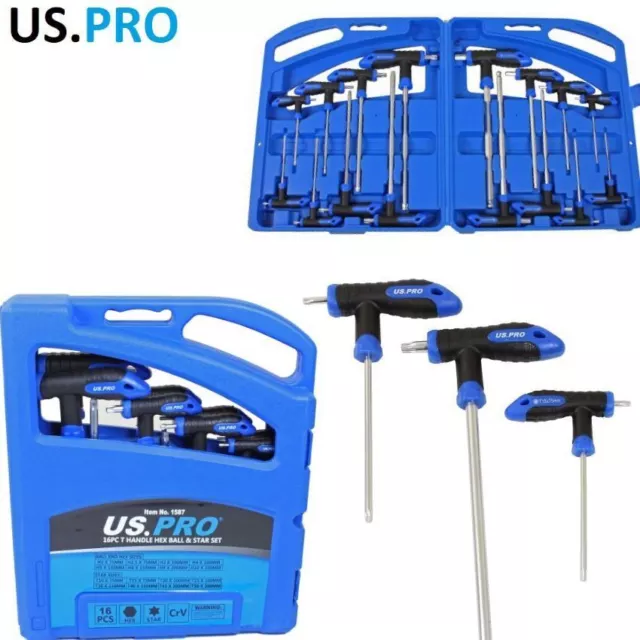 Us Pro 16pc T Type T Handle Hex Ball & Torx Key Allen & Star Bit Screwdriver Set