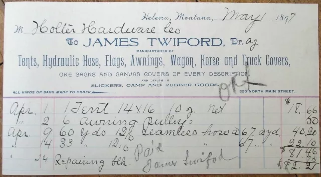 Helena, MT 1897 Letterhead: Awnings/Wagons/Saddles & Canvas - Montana Mont