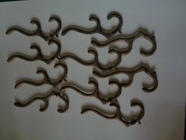 Antique 7 1/4" Cast Brass 3 Hanger Coat Hooks (10 hooks}