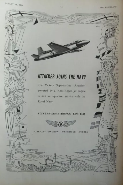 8/1951 Pub Vickers Armstrongs Supermarine Attacker Royal Navy Original Ad