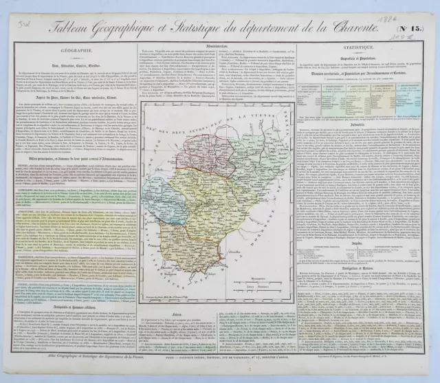 Dépt 16 - Rare Carte Géographique & Statistique de la Charente Aquarellée 1826