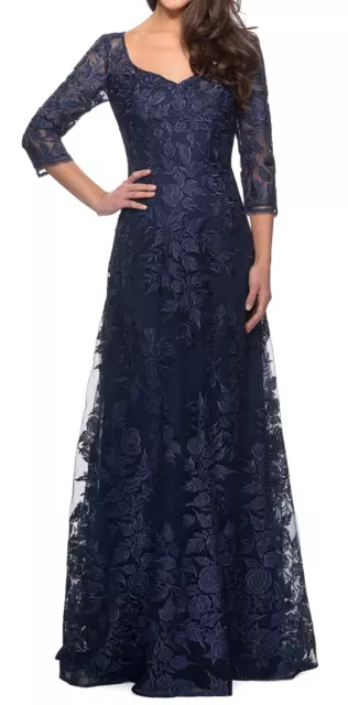 New 578$ La Femme 28053 3/4-Sleeve Lace Gown A-Line Maxi Dress Size 6 Navy Blue