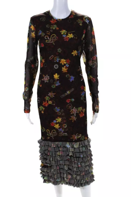 Molly Goddard Womens Printed Mesh Midi Dress - Brown Size 6