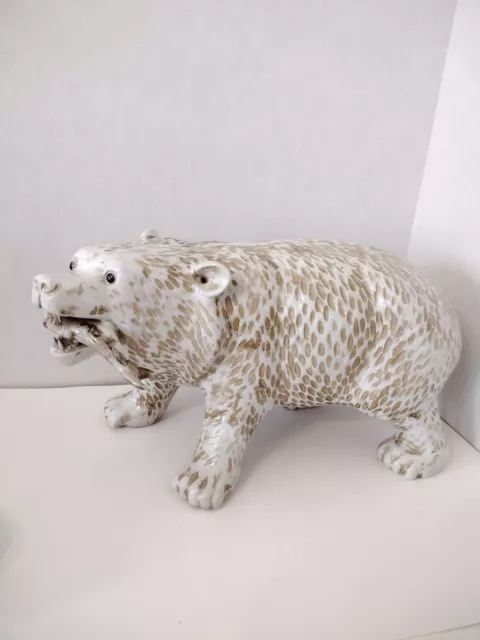 hand made Ceramic/clay Polar Bear  sculpture with a fish 16” by 9” heavy