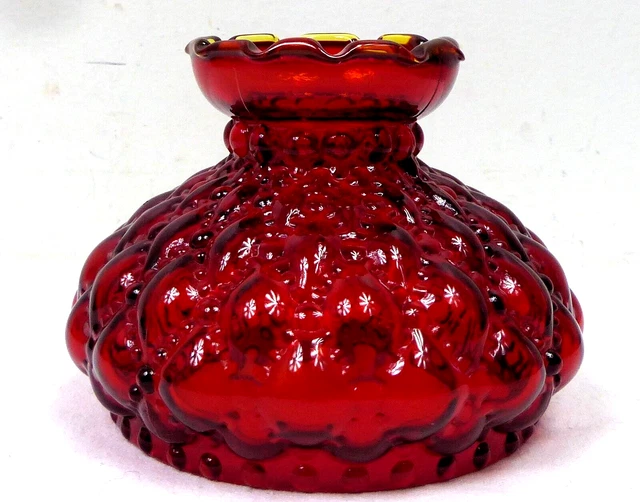 Vtg 4" Fitter Red Ruby Crimp Top Glass Miniature Oil Lamp Shade Diamond Quilted