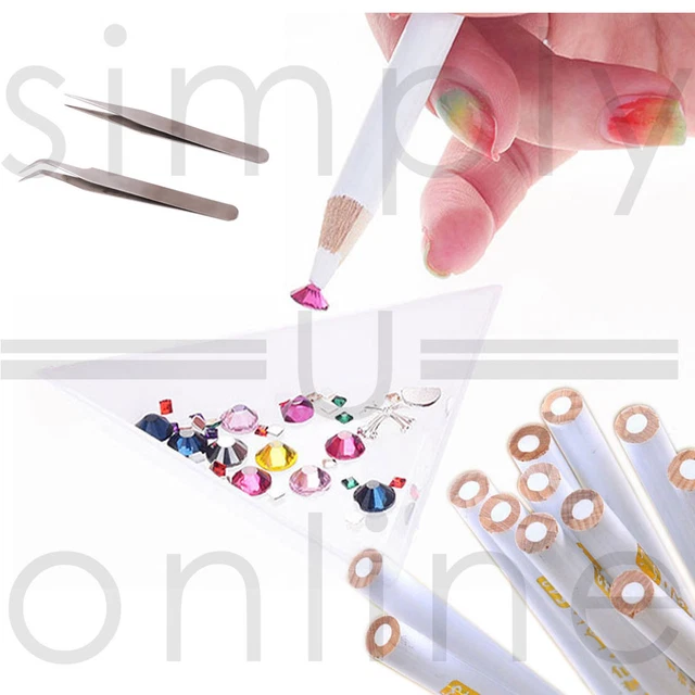 Strass Tablett, Picker Pencil & 2 X Pinzette Set für Nail Art & Crafting