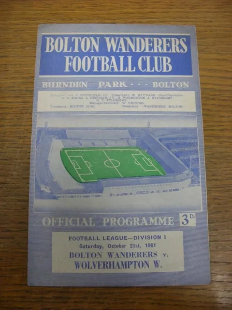 21/10/1961 Bolton Wanderers v Wolverhampton Wanderers  (Crease, Fold, Nicks To E