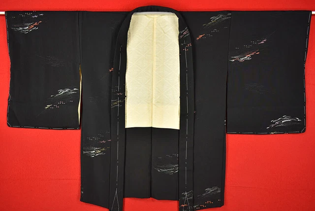 Vintage Japanese Kimono Silk Antique BORO Black HAORI Kusakizome Woven/A375/595