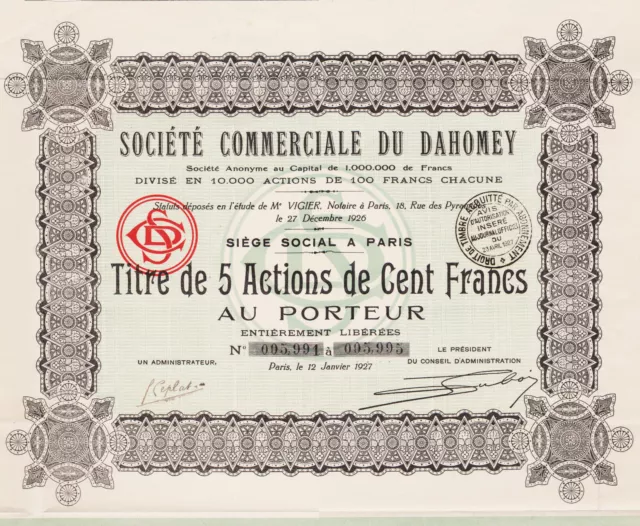 Societe Commerciale Du Dahomey - Titre De 5 Actions De 100 Francs 1927