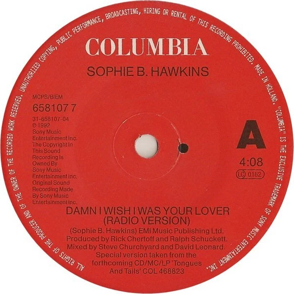 SOPHIE B. HAWKINS - Damn I Wish I Was Your Lover (7", Single) EUR 21,52