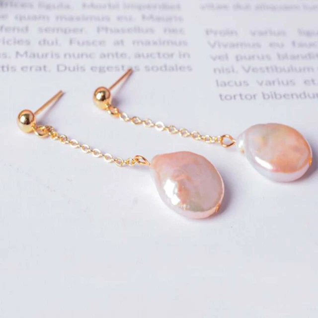 13-14mm Fashion natural white coin Pearl gold chain ear stud Hook Wedding