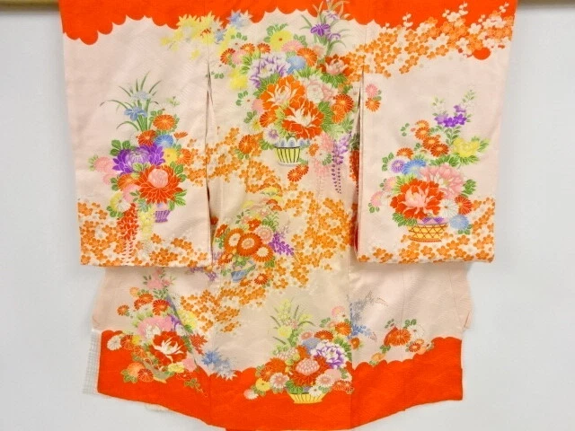 42661# Japanese Kimono / Antique Kimono For Girls / Embroidery / Flower Basket