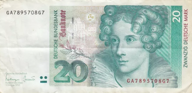 20 DM Deutsche Mark Schein Banknote Vom 1. Oktober 1993 Rarität