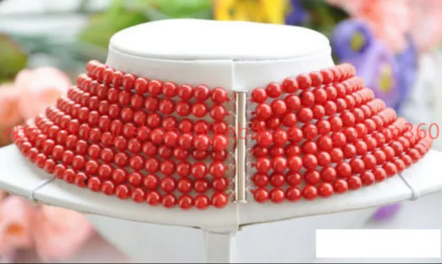 Genuine Natural 8 Rows 8mm Red Coral Round Beads Necklace Handmade 17-24 Inches