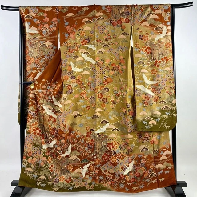 Japanese Kimono Furisode Pure Silk An Ox Drawn Coach Crane Reddish Brown