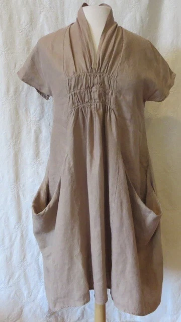 Luna Luz Tan Linen Smock Shawl Lagenlook Big Pocket Short Sleeve Dress S