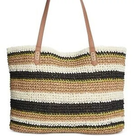 I.N.C. International Concepts Tropical Straw Tote Metallic Stripe Bag