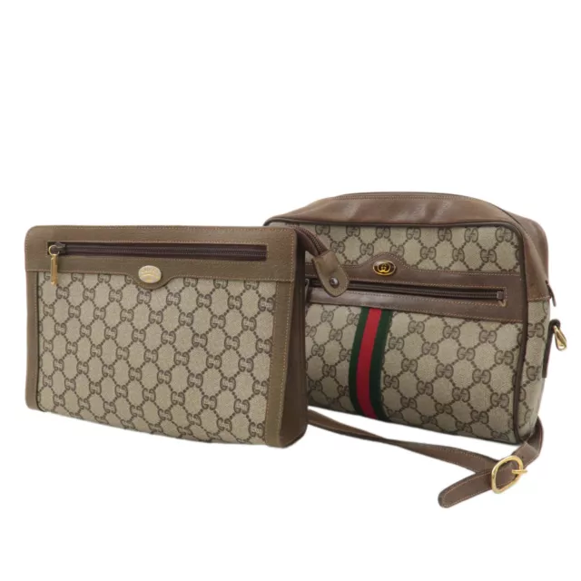 Auth GUCCI Set of 2 Old Gucci GG Plus Leather Clutch Bag Shoulder Bag Used F/S