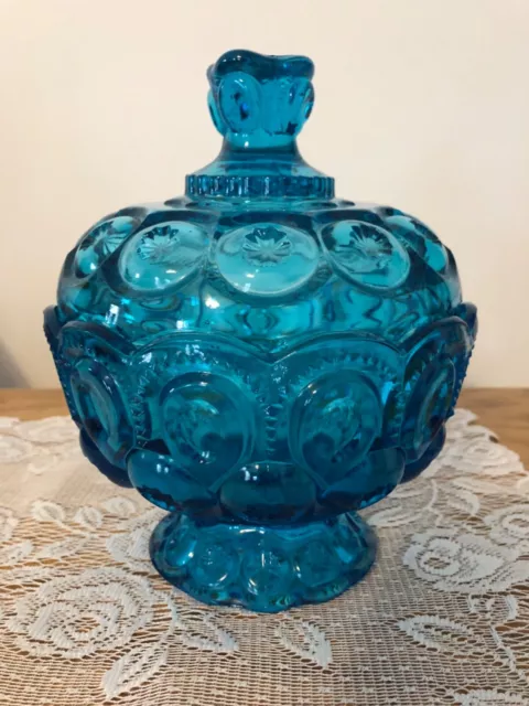 Vintage LE Smith Moon and Stars Blue Glass Lidded Compote Candy Dish 7.5" High