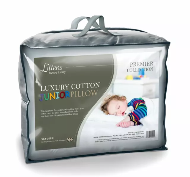 Junior Cot Bed 100% Luxury Fine Cotton Pillow, Hollowfibre, Toddler 40cm x 60cm