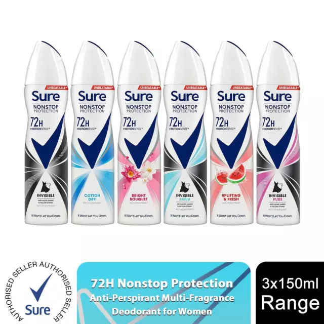 Sure Women Anti-Perspirant 72H Nonstop Protection Deodorant 150ml, 3 Pack