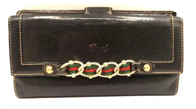 Authentic Vintage GUCCI sherry line Long wallet black lether USED