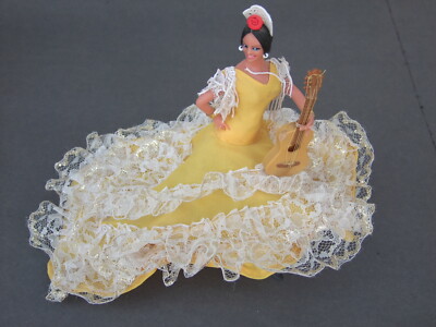 Vintage Spanish Flamenco Dancer in Yellow with Guitar Seated on Stand c1980's