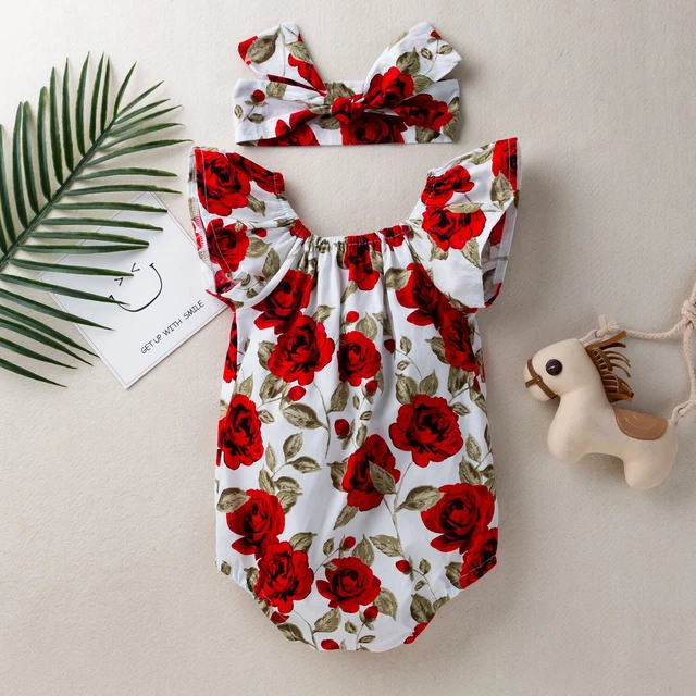 Newborn Baby Rose Print Flutter Romper Girls Summer Jumpsuit Outfit Photo Shoots 10