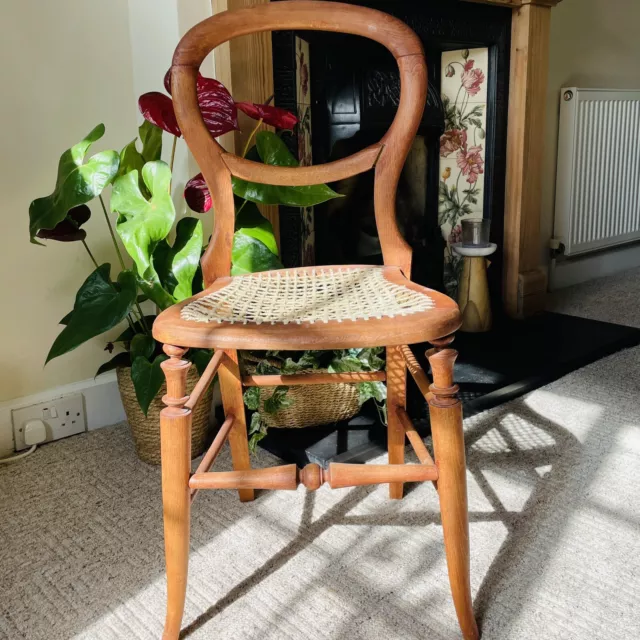 Balloon back Chair Antique Cane Seated Turned front stretcher Double Stretchers