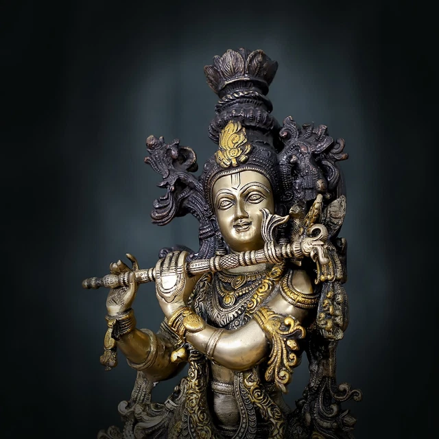 LARGE KRISHNA STATUE Brass Hindu Indian Radha Idol Love Of Kirshan Lord