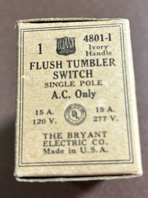 Bryant 4801-I Flush Tumbler Switch, Single Pole, New Old Stock Blk  Ivory Handle