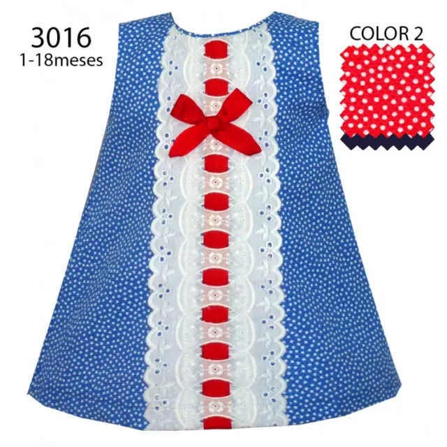 Neu Mädchen Offizielles Spanisches Sommerkleid Blau-Rot Band & Bow A Line Polka Punkt