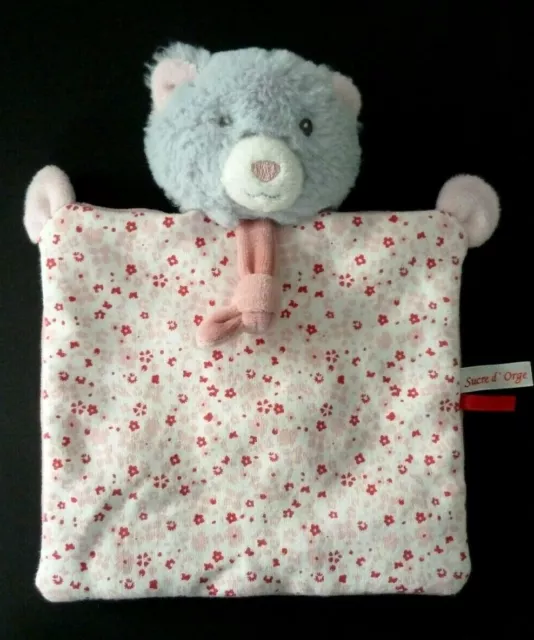 L6- Doudou Plat Chat Ours Sucre D'orge Rose Gris Blanc Fleur At.tet  Etat Neuf *