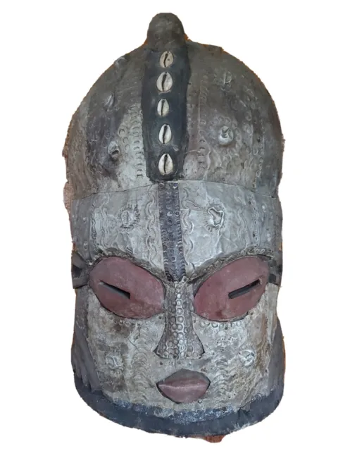 Kuba Mask  — Authentic Carved African Wood Art with metal and shells
